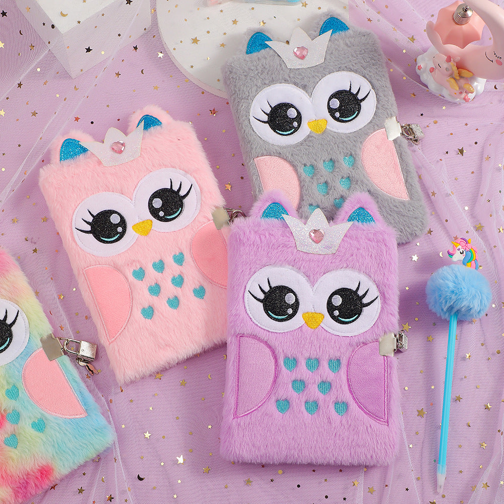 Wholesale Cartoon plush notebook with cute big eyes embroidery and lock
